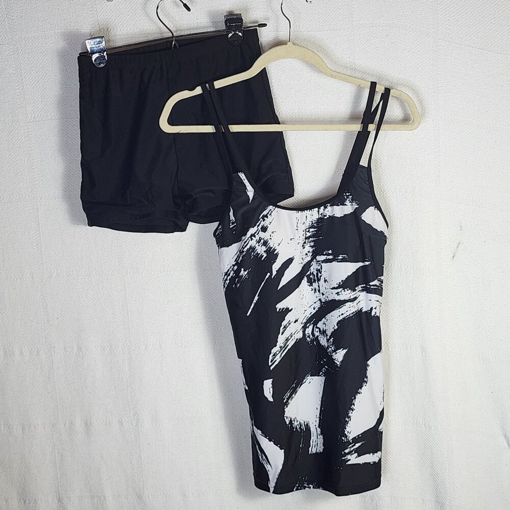 Rotita Black White Graffiti Print Poly Elastane Double Adj Straps Tankini Set SM